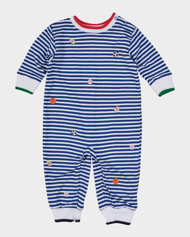 Boy's Embroidered Sport Balls Stripe Knit Longall, Size 3M-24